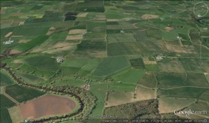 Cades Road looking south from the Tees. The Fardeanside Ford is at the junction of the ploughed field with the hedgline.